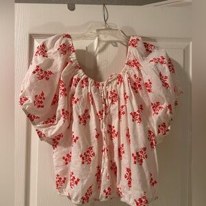 White Peasant Blouse with Red Floral Print